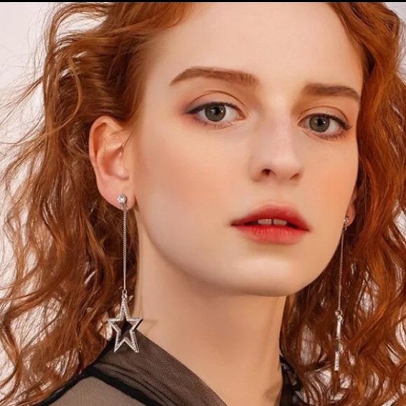 Silver Tone Long Star Earrings - Picture 1 of 5